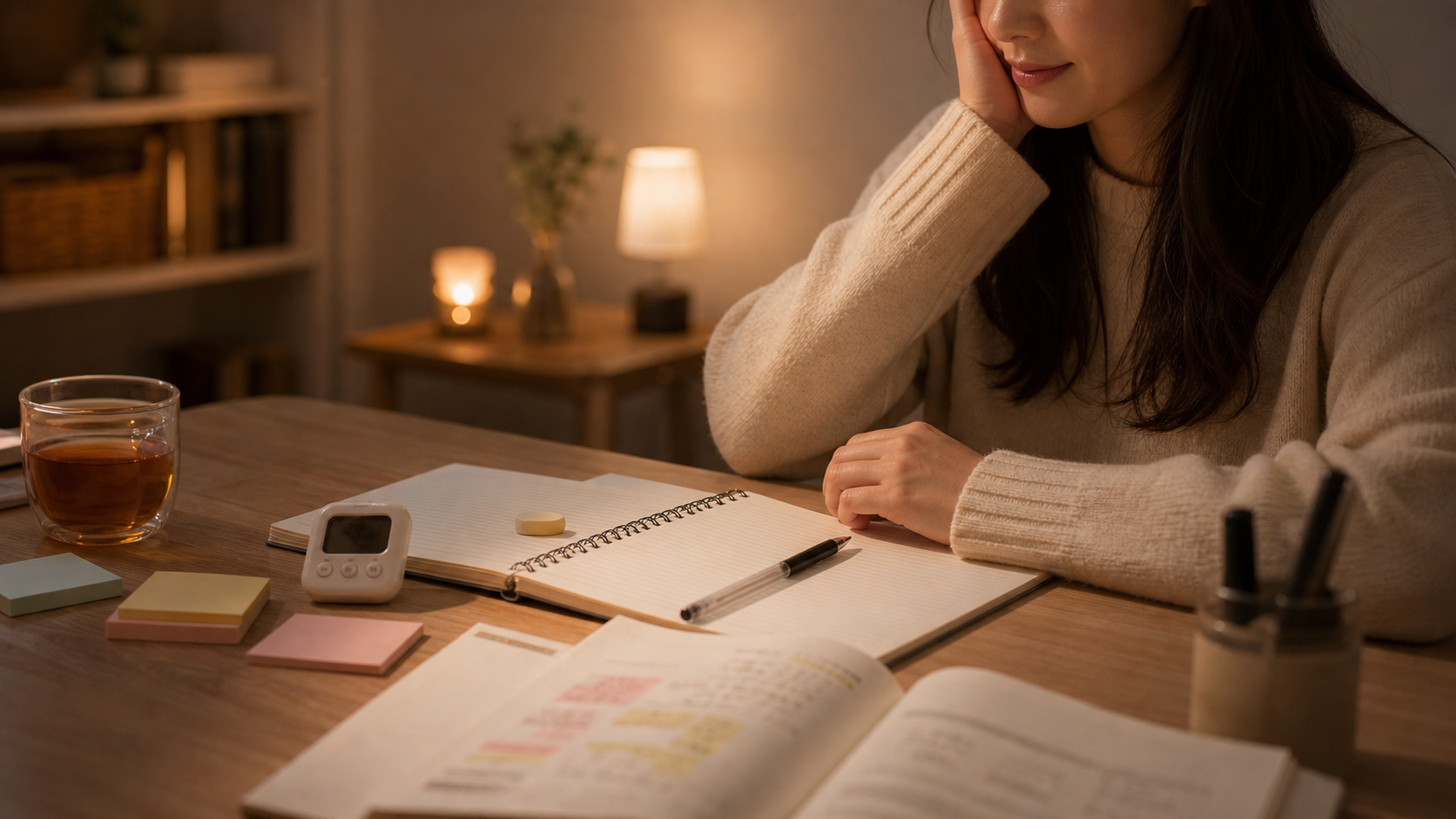 韓国語の勉強が続かない時に小さく再開する女性の机