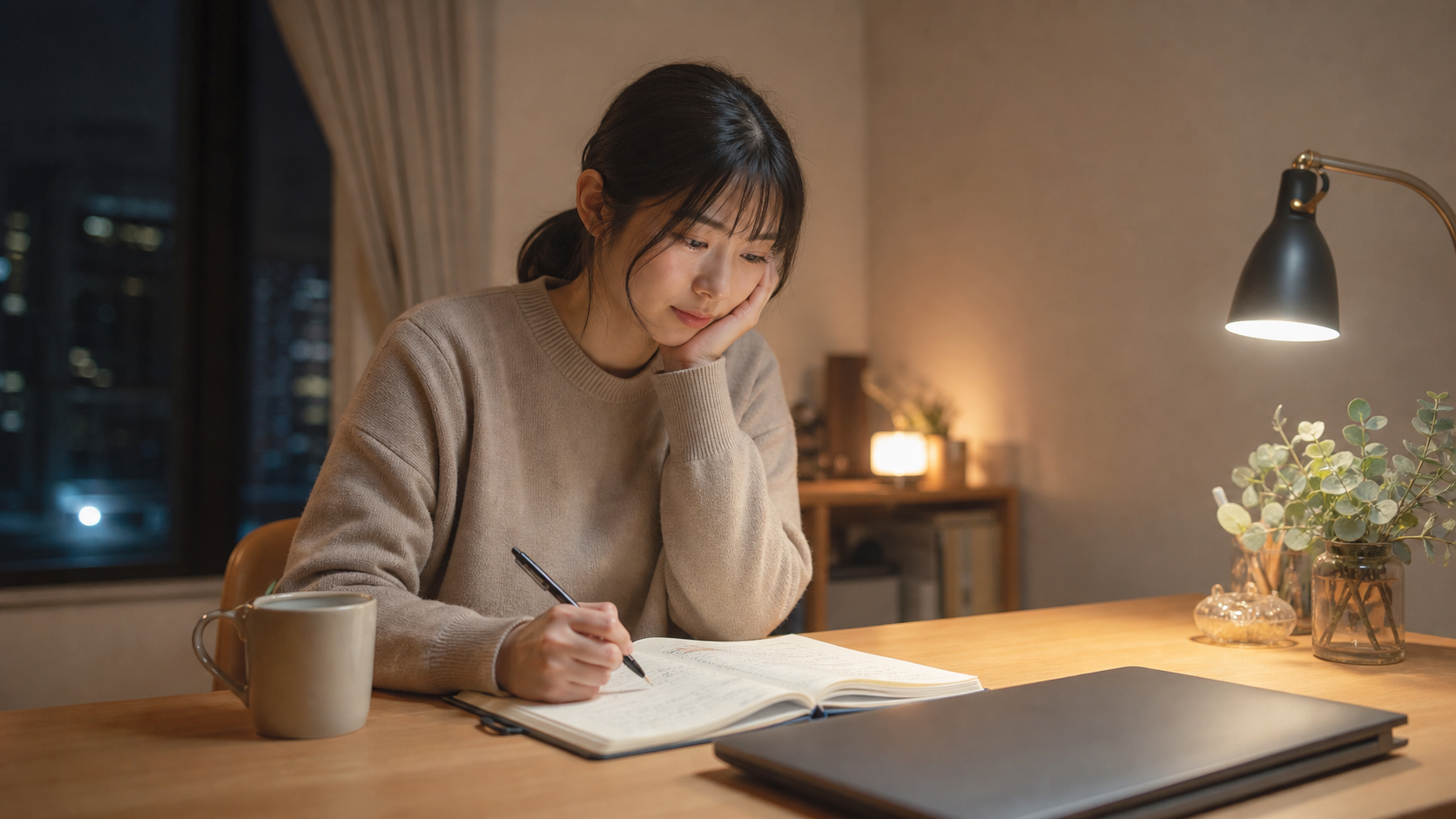 仕事終わりに無理なく韓国語ノートを開く30代女性