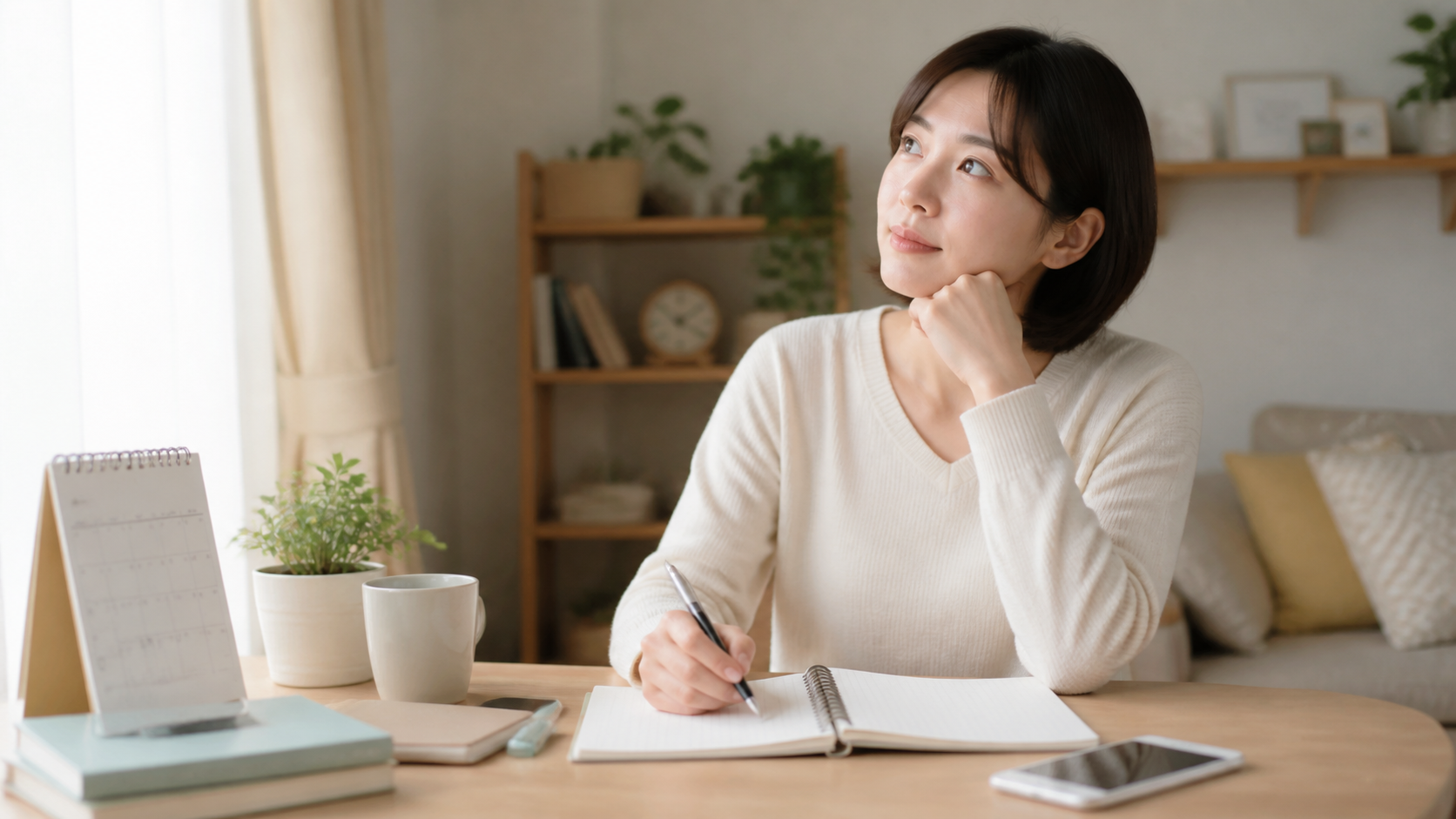 韓国語を始めるタイミングを考えながらノートを開く30代女性