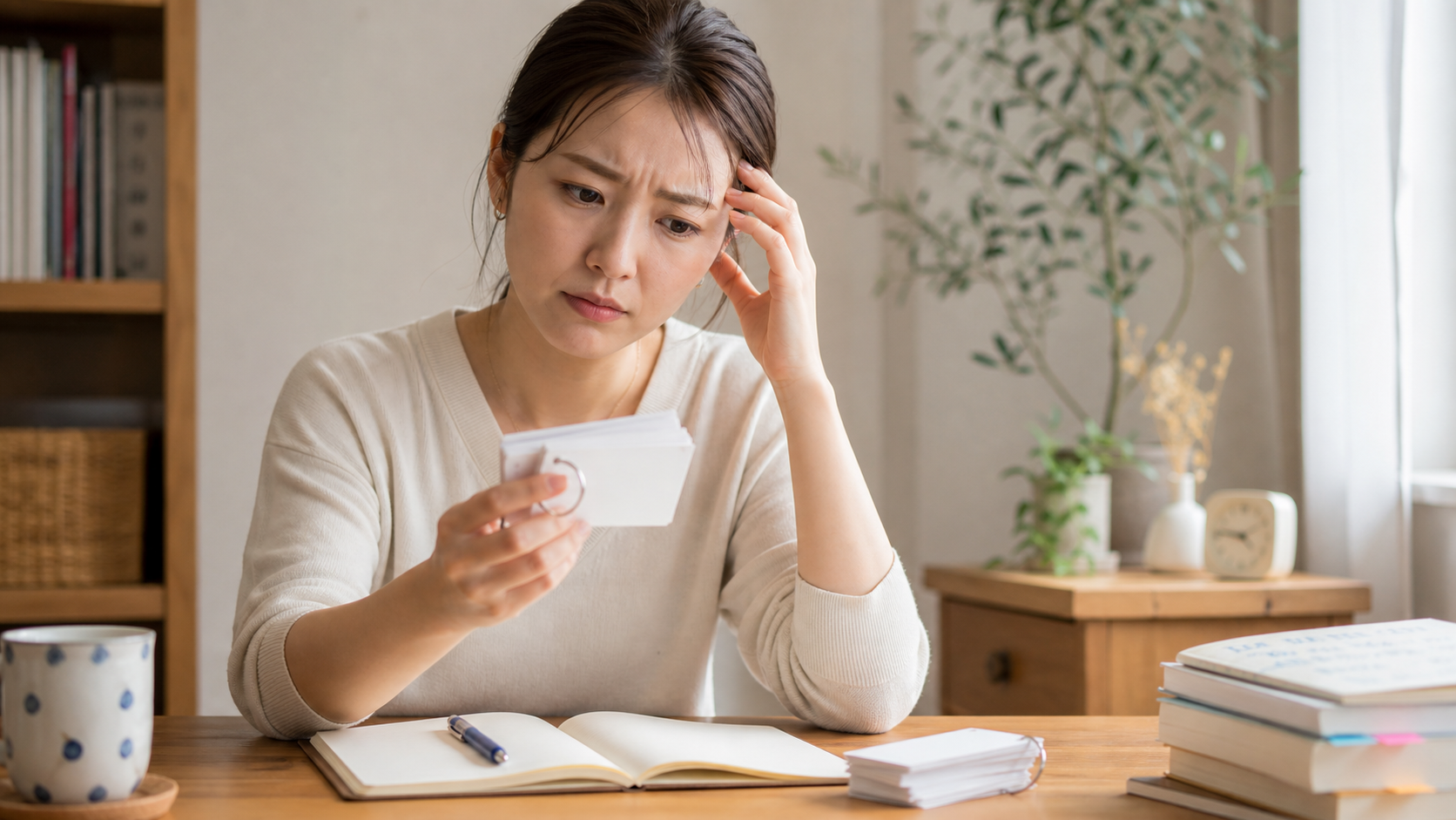 韓国語の単語カードを見ながら少し悩む30代女性