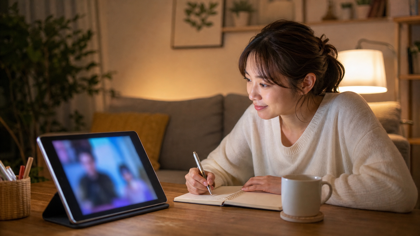 韓国ドラマを見ながら聞こえた音をノートに残す30代女性