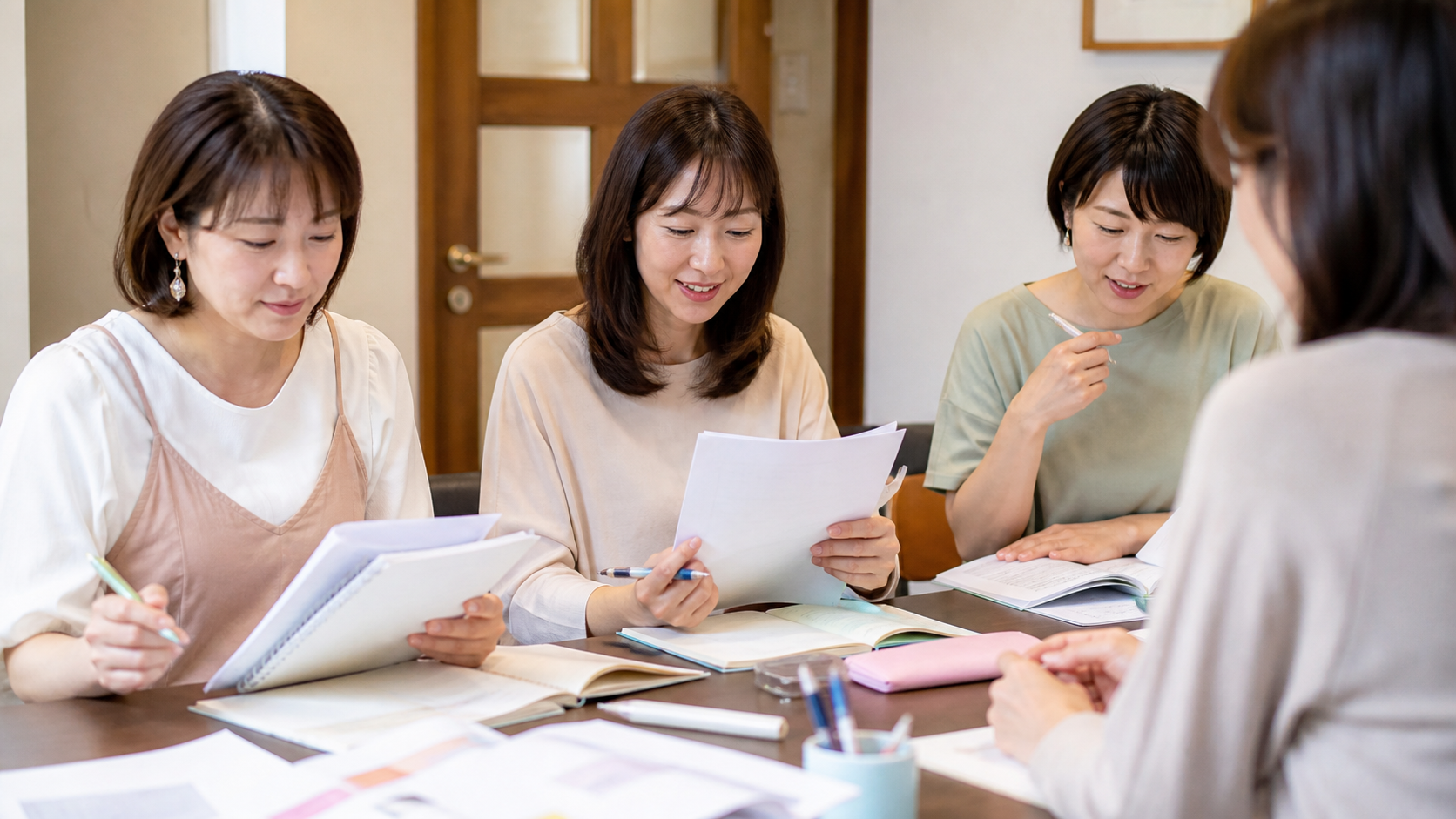 韓国語グループレッスンで女性たちがノートを開いて学ぶ様子