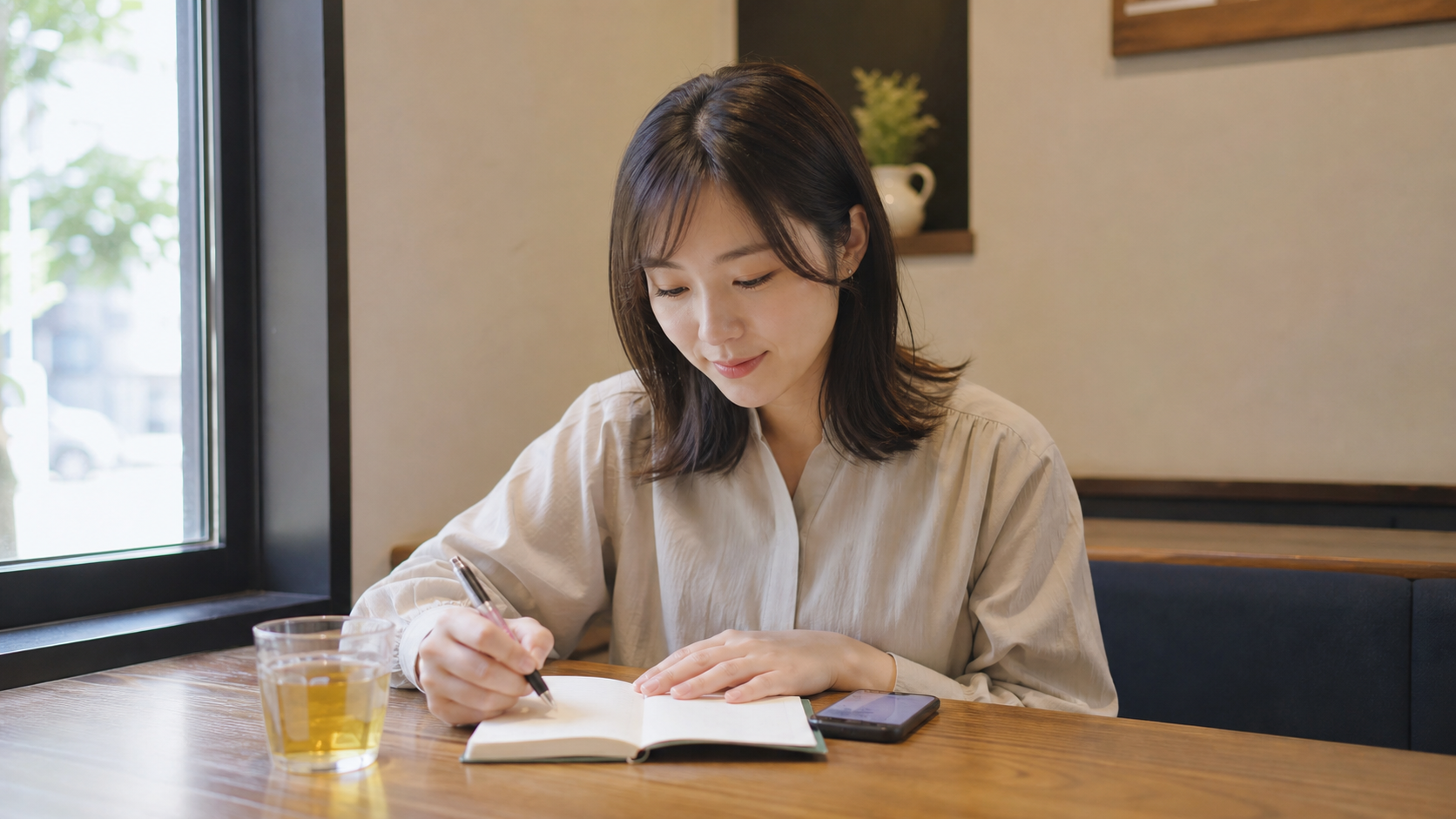 昼休みにカフェで短く韓国語ノートを見る30代女性