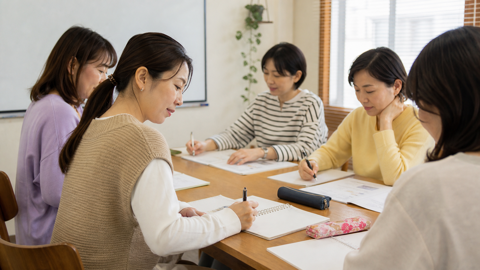 韓国語グループレッスンでノートを取る30代女性たち