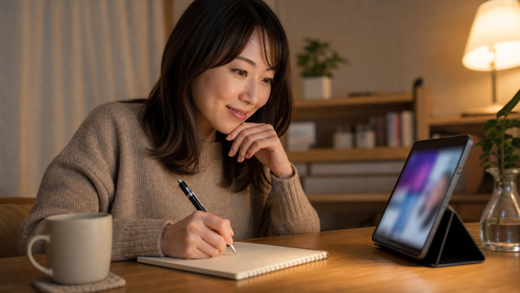 推し活やドラマを見ながら韓国語単語をメモする30代女性