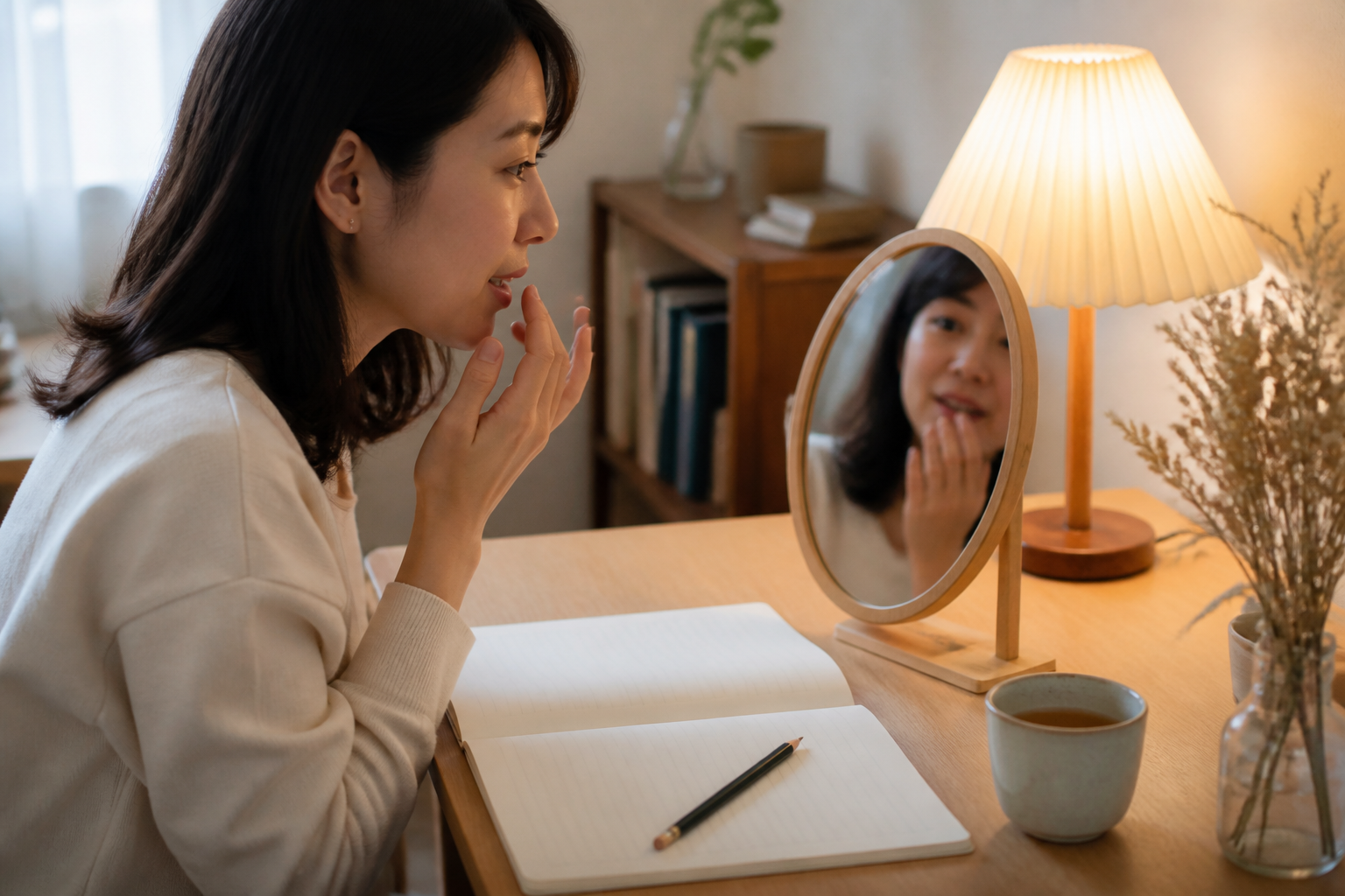 韓国語の発音を小さく練習する30代女性