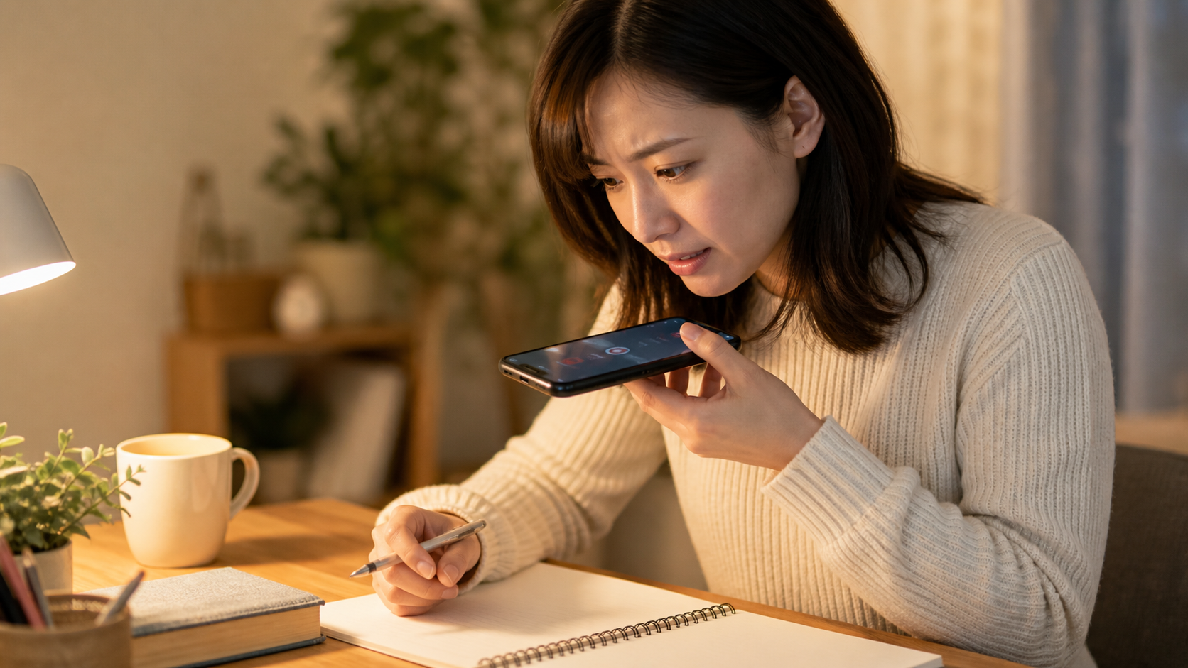 スマホに韓国語の発音を録音して練習する30代女性