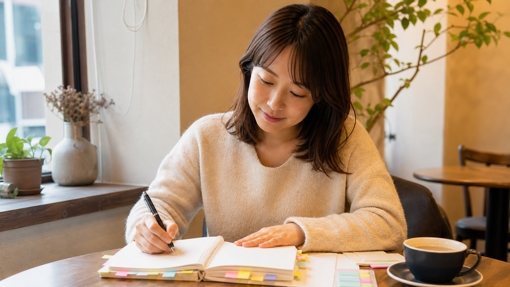 レッスン後に韓国語ノートを整える30代女性