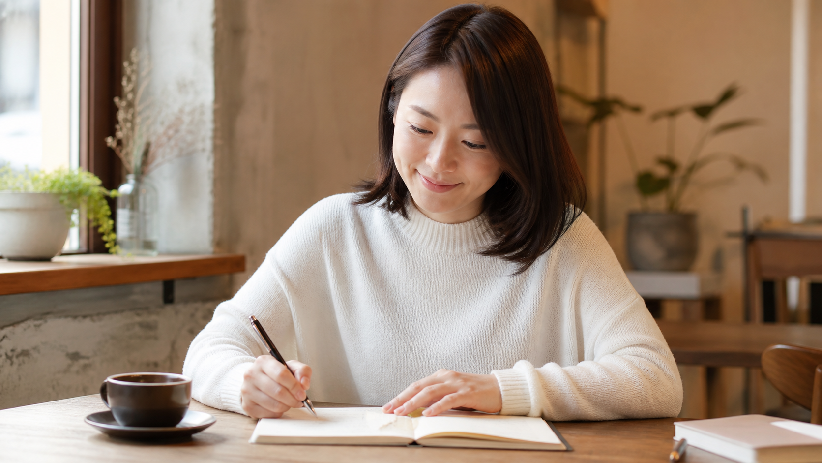 韓国語レッスン後にカフェでノートを見返す30代女性