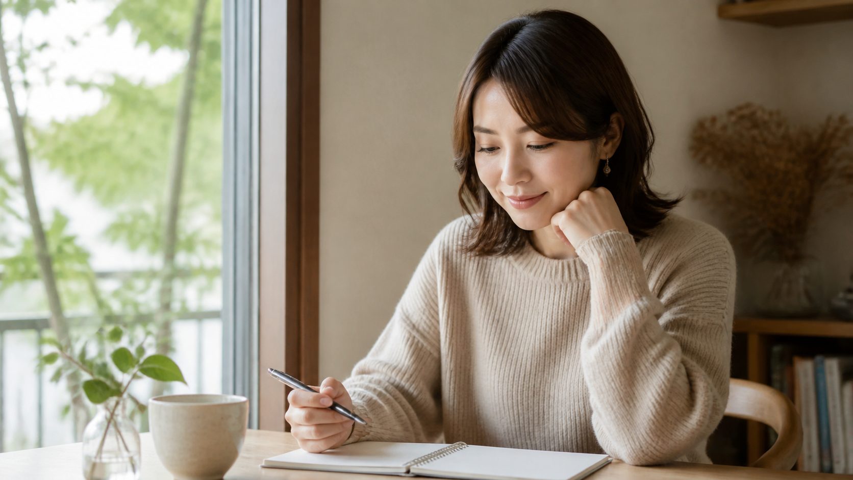 韓国語レッスンの無料体験後にノートを見返してほっとする30代女性