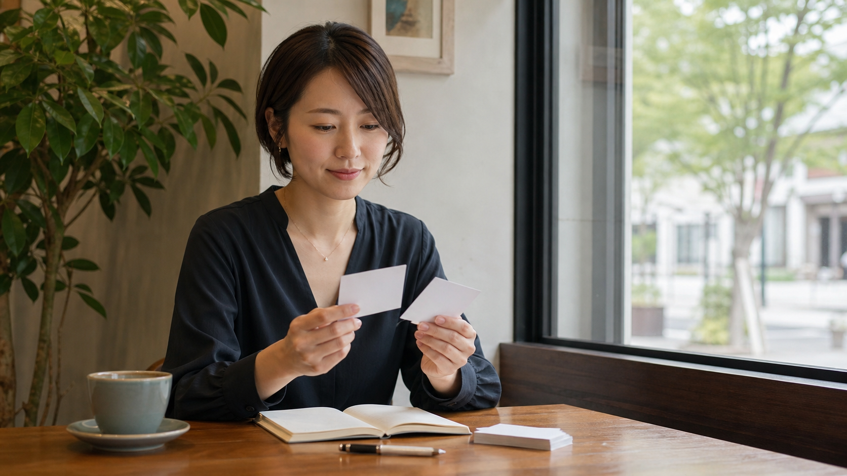 カフェで韓国語の単語カードを短く見返す30代女性