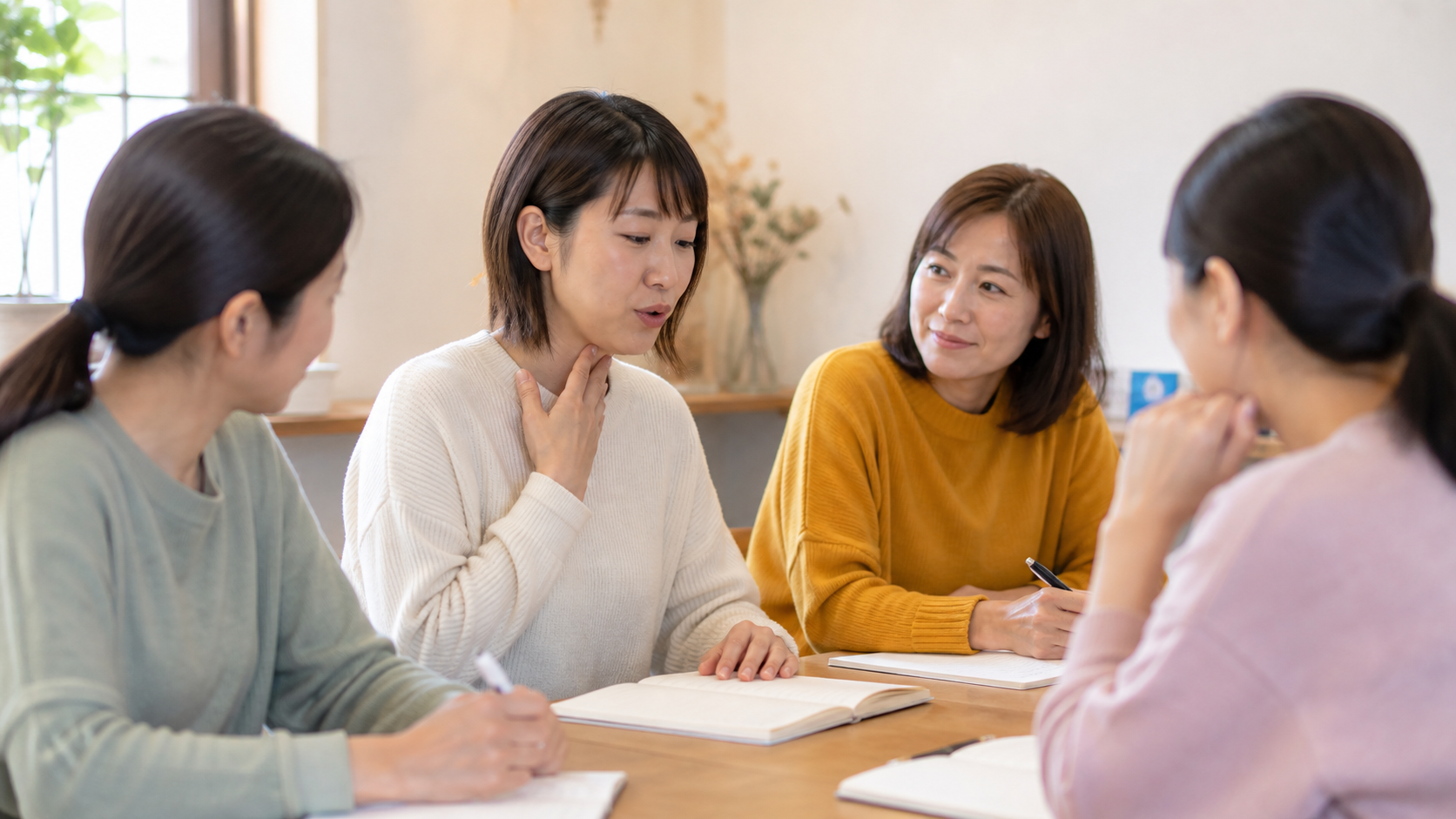 韓国語グループレッスンで発音を声に出す30代女性