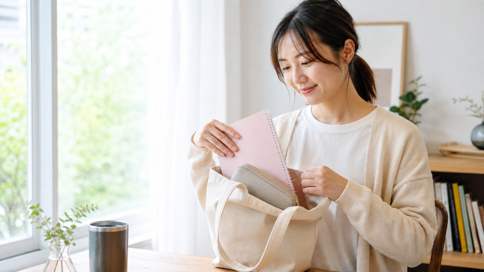 週末の午前中に韓国語レッスンへ行く準備をする30代女性