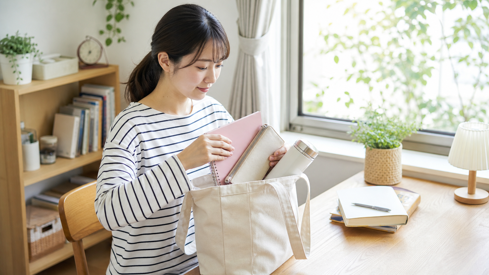 週末の午前中に韓国語レッスンへ向かう準備をする30代女性